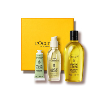 Ce coffret contient : une Huile de Douche Amande 250ml, une Huile Souplesse Amande 40ml et une Crème Mains Amande 30ml.
